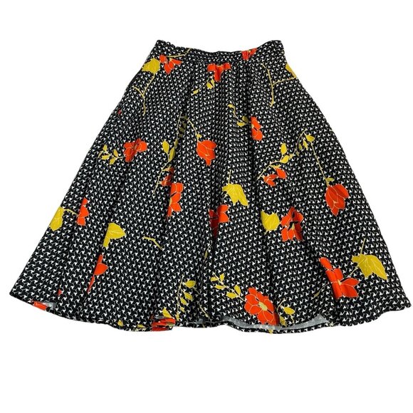 Modcloth Skirt‎ Womens S Black Chiffon Orange Floral Geometric Swing Midi Retro - Picture 2 of 8